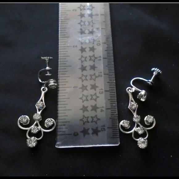 Vintage Rhinestone Screwback Drop Earrings, 50s Dangles In Jewelry Gift Box - Picture 3 of 15